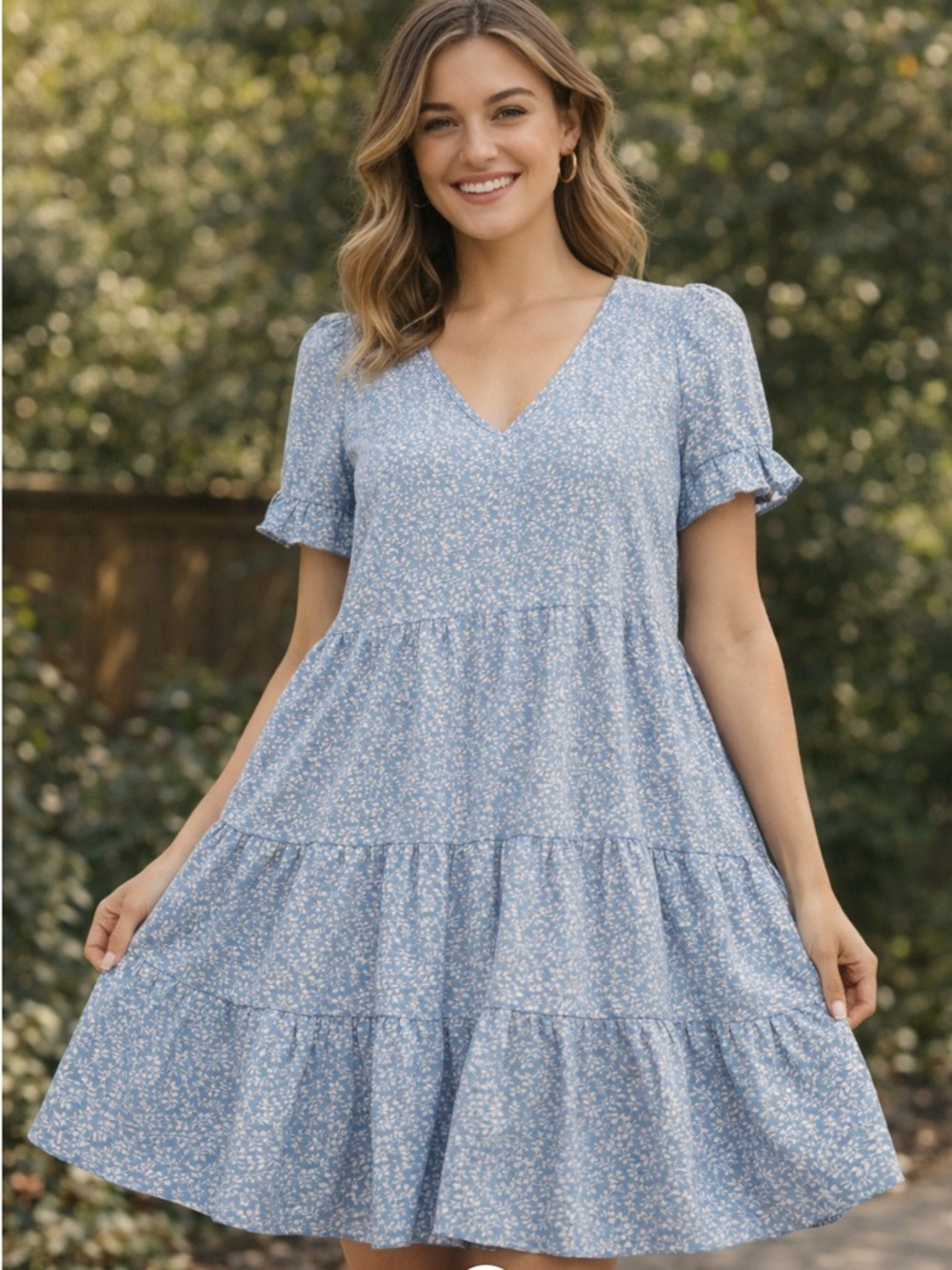 Chic Nation Light Blue Floral V-Neck Tiered Mini Dress